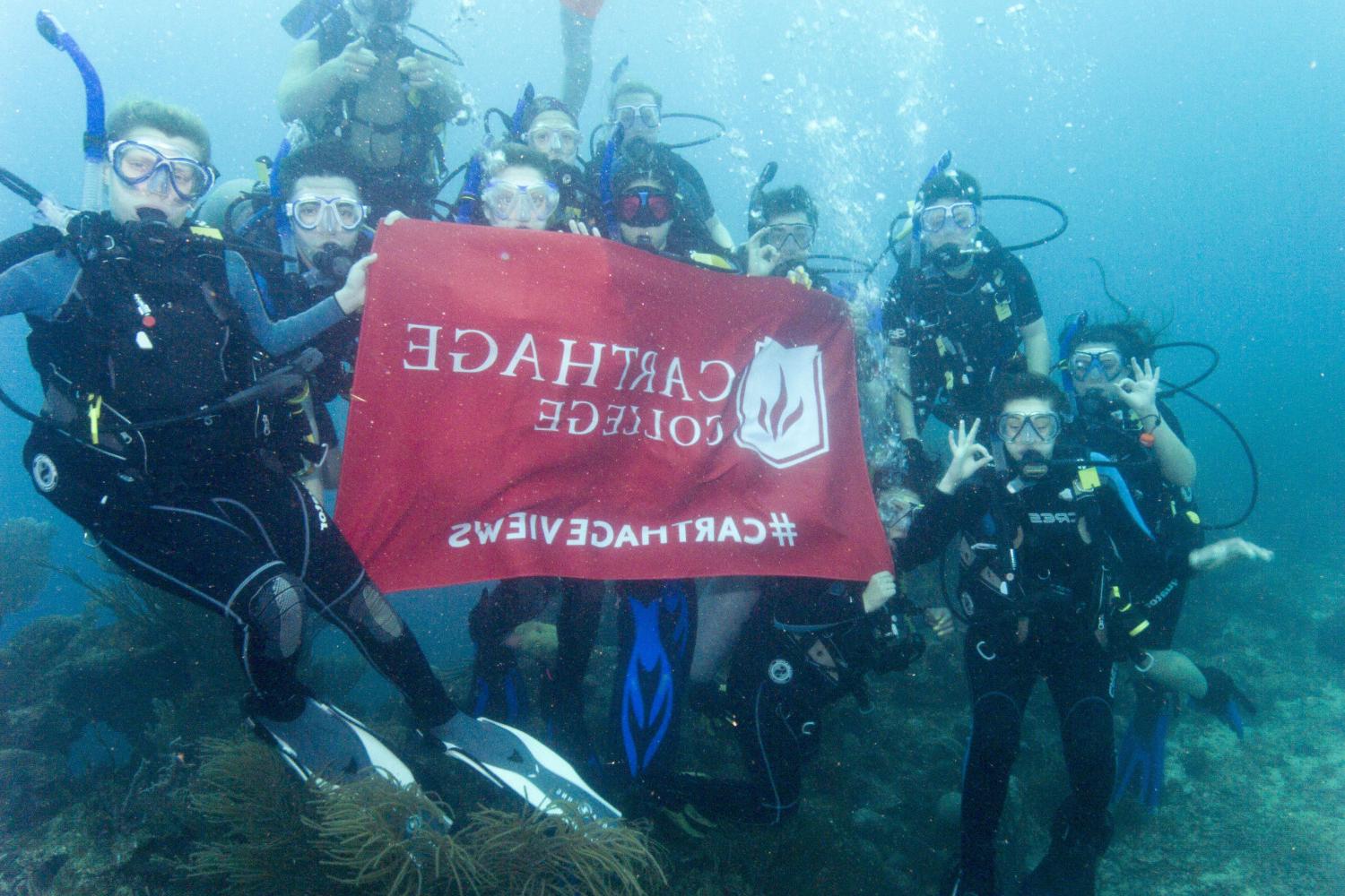学生们手持<a href='http://fo3ke4.uncsj.com'>bv伟德ios下载</a>旗帜，在j学期洪都拉斯游学之旅中潜水.